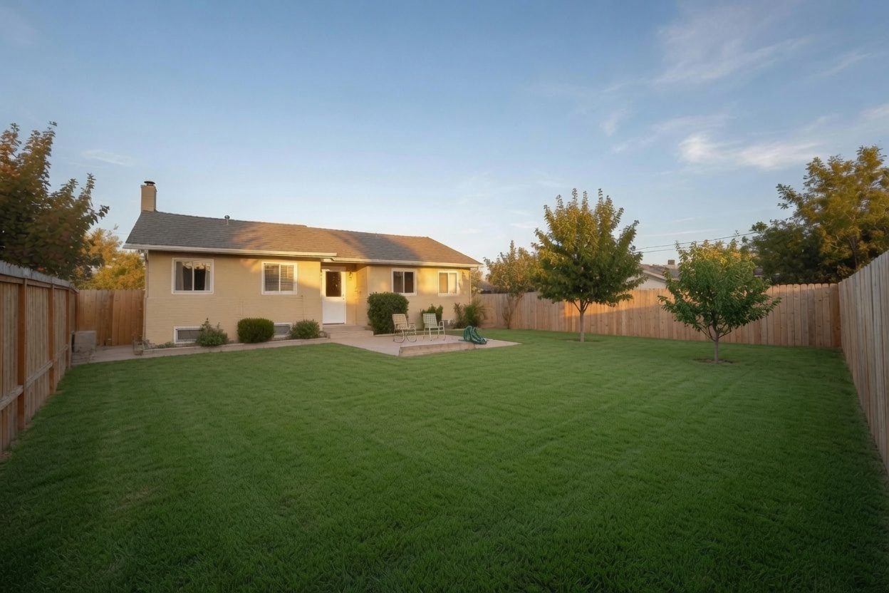 The backyard before the project — a wide, flat, empty lawn of green grass behind a single-story house