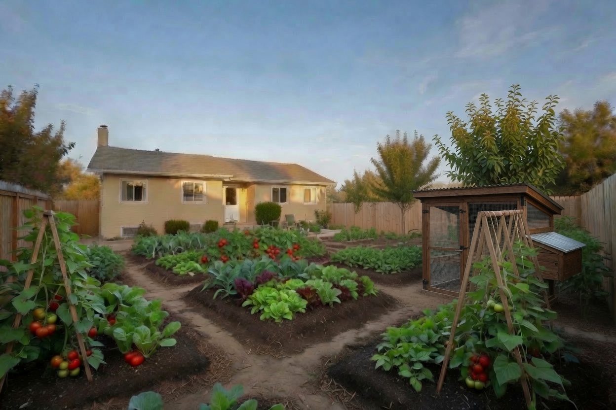 A once-plain backyard transformed into raised beds and rows of vegetables