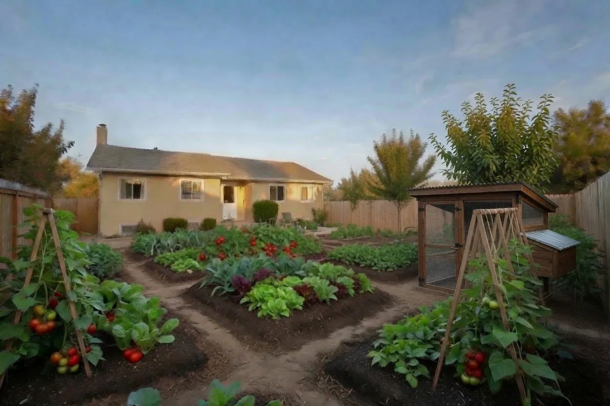 A once-plain backyard transformed into raised beds and rows of vegetables