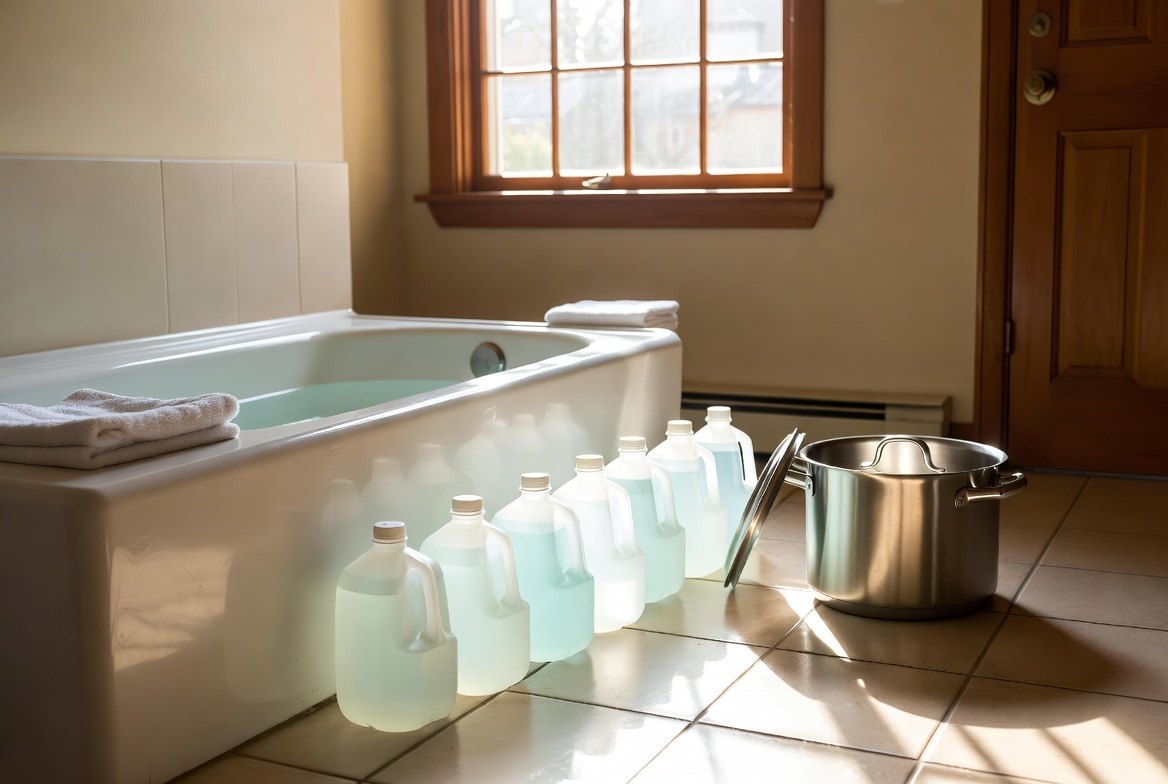 A bathtub filled with clean water beside a row of filled one-gallon jugs and a large stock pot on a bathroom floor in afternoon light