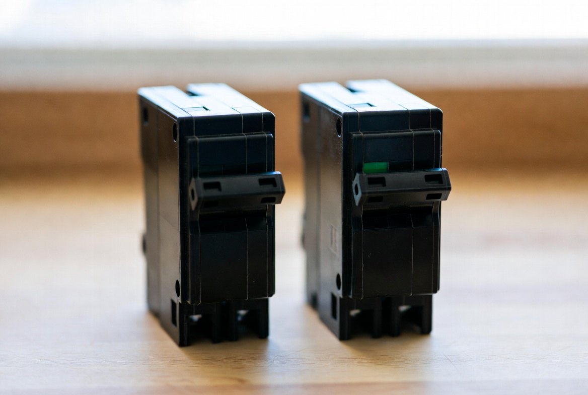 Two nearly identical black circuit breakers side by side on a workbench, the right one distinguished only by a small green indicator window