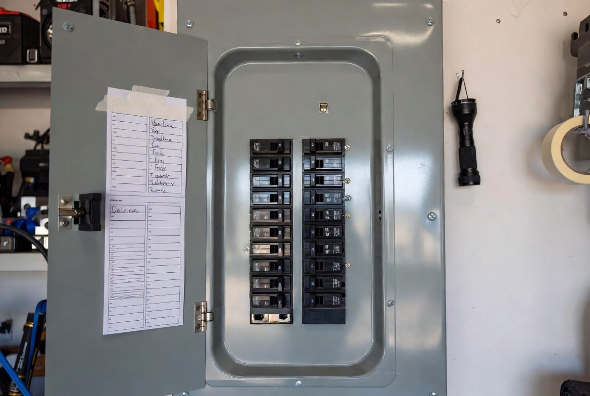 A residential breaker panel with its gray door open, the interior cover in place over two columns of breakers, a handwritten circuit directory card taped inside the door, and a flashlight hanging on the wall beside it