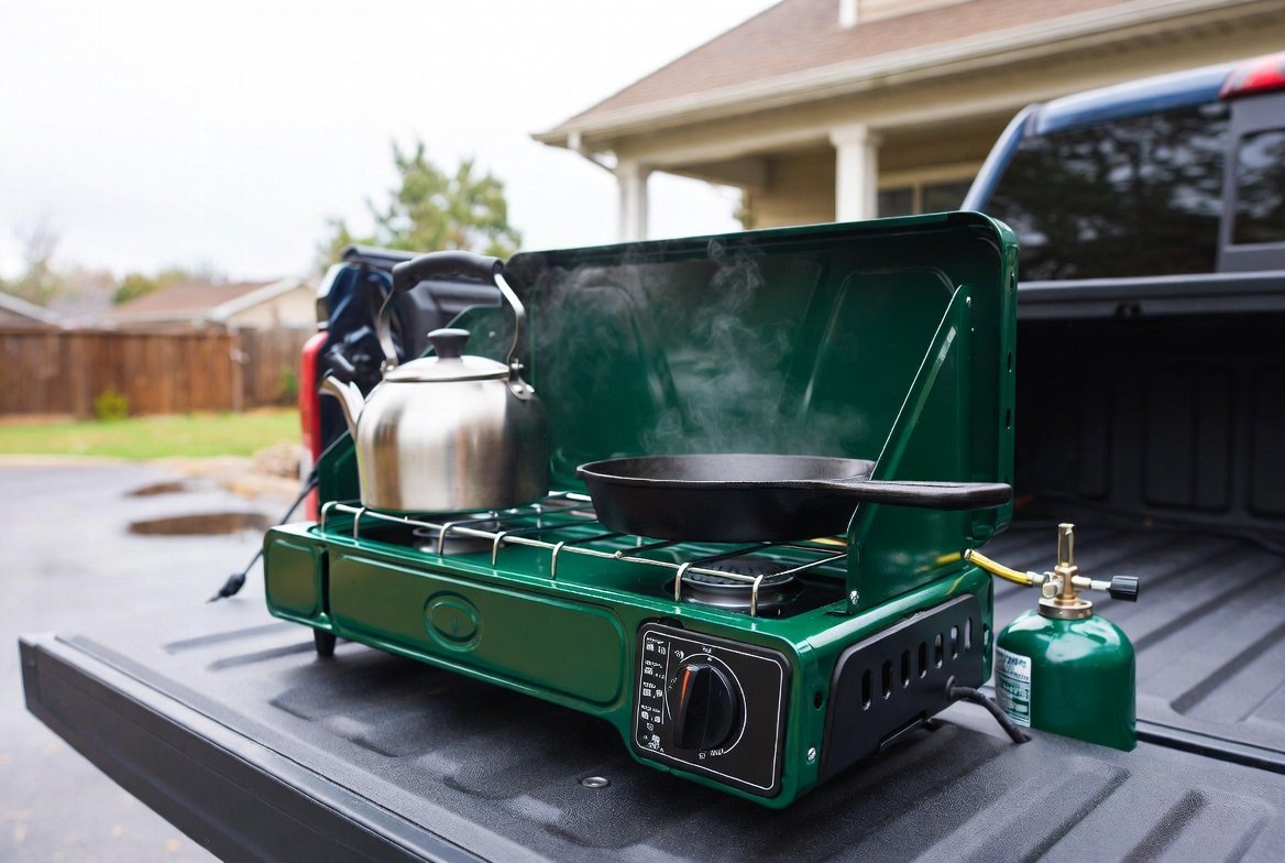 A two-burner propane camp stove on the open tailgate of a pickup truck in open air, a kettle steaming and a cast-iron skillet on the burners, the house and its porch well in the background
