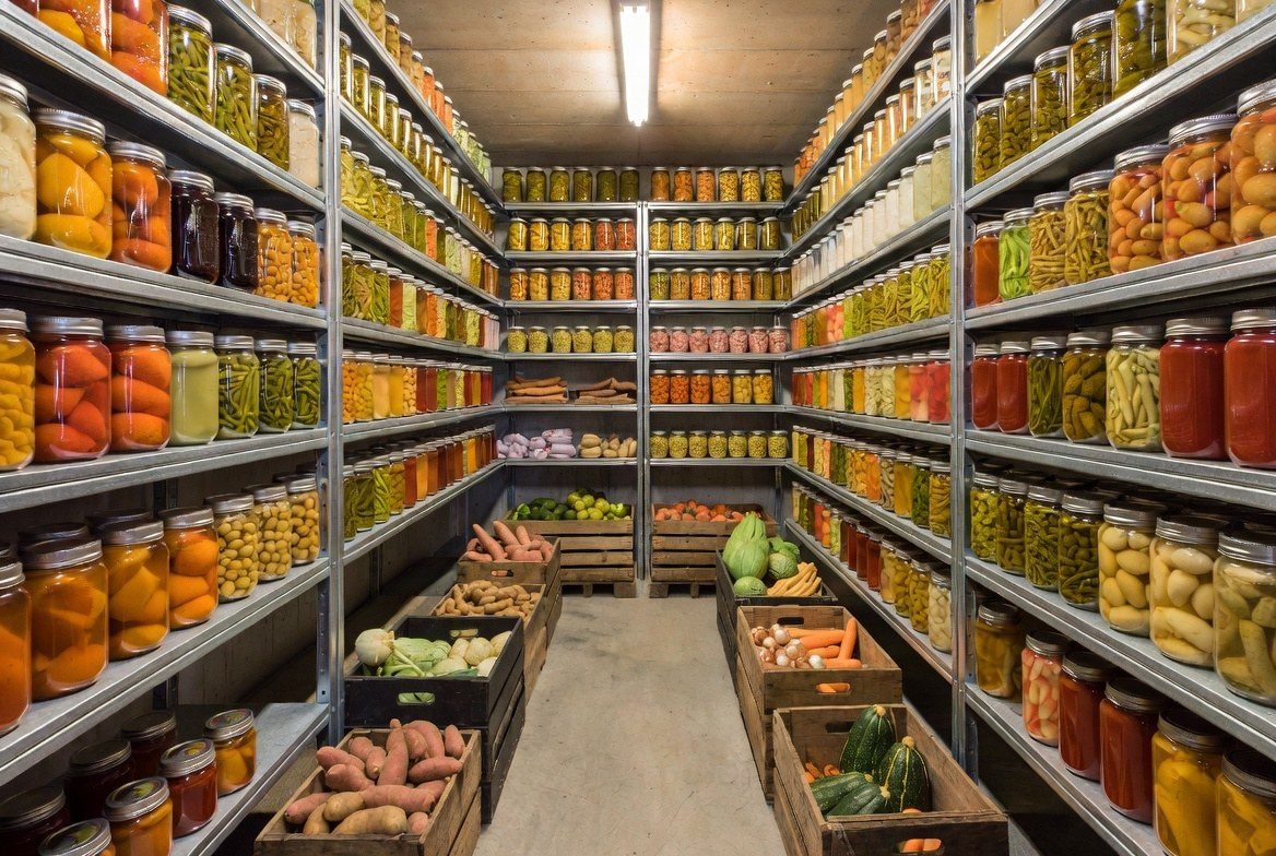 A home root cellar with tall metal shelves packed floor to ceiling with Mason jars of home-canned vegetables, fruit and pickles in every color, and wooden crates of fresh sweet potatoes, carrots, squash and onions on the floor