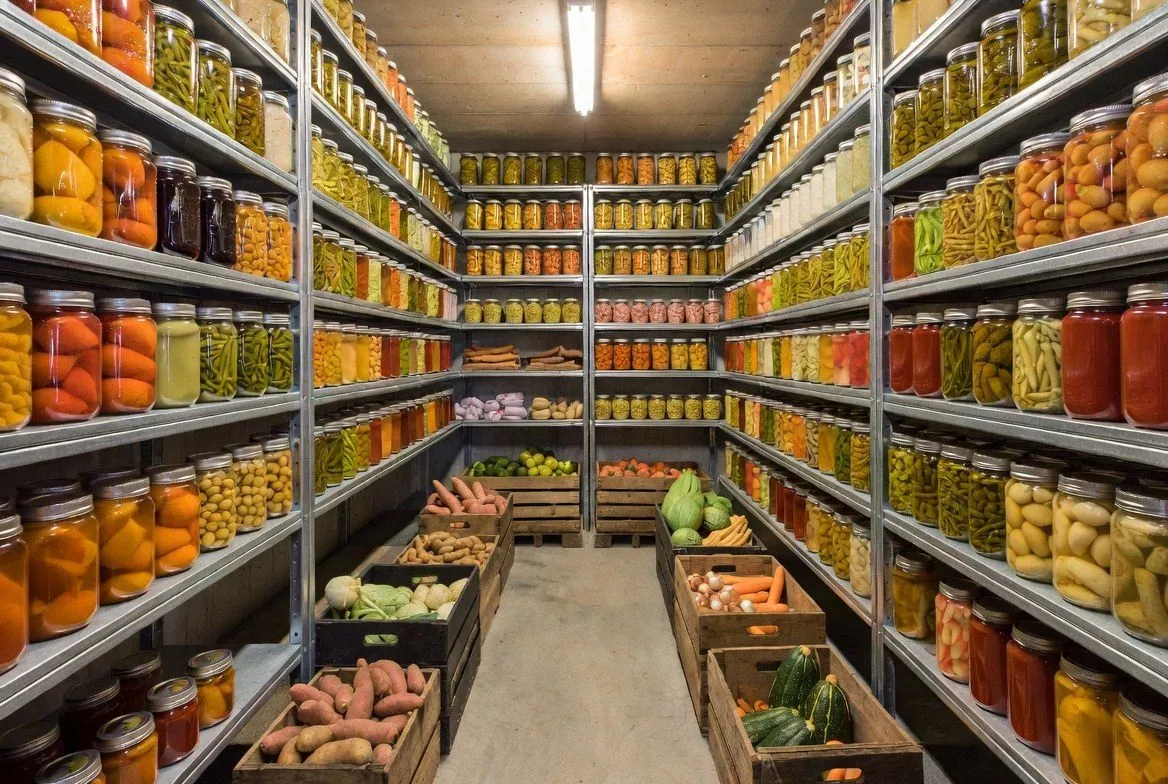 A home root cellar with tall metal shelves packed floor to ceiling with Mason jars of home-canned vegetables, fruit and pickles in every color, and wooden crates of fresh sweet potatoes, carrots, squash and onions on the floor