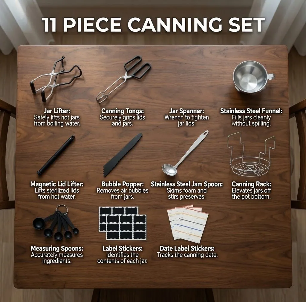 A canning tool set laid out on a wooden counter: rubber-jawed jar lifter, wide canning funnel, plastic bubble-remover wand, and a magnetic lid lifter