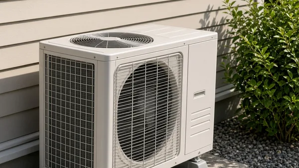 An outdoor air conditioning unit beside a house in afternoon sun