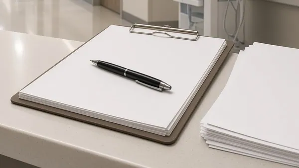 A clipboard of blank admission papers with a pen on a counter in a care facility corridor