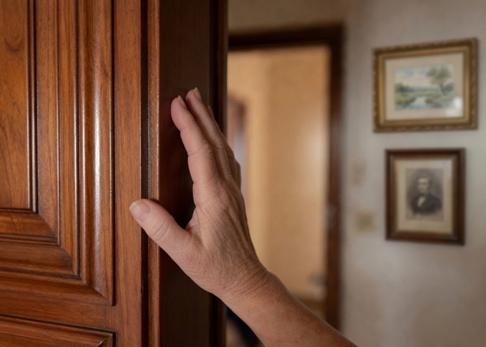 An older hand resting against a wooden door frame in the hallway of a lived-in home