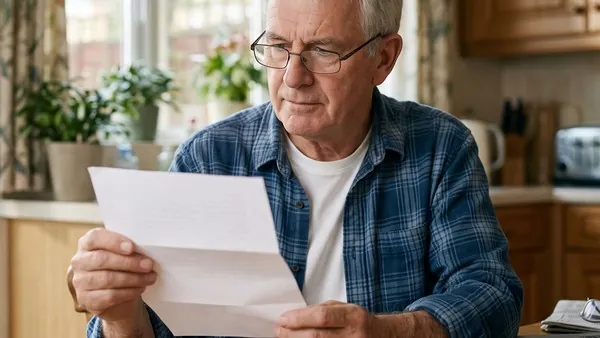 An older man reading a letter at his kitchen table with a laptop beside him