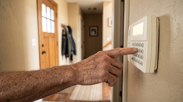 A hand pressing a key on a wall-mounted alarm keypad in a sunlit hallway