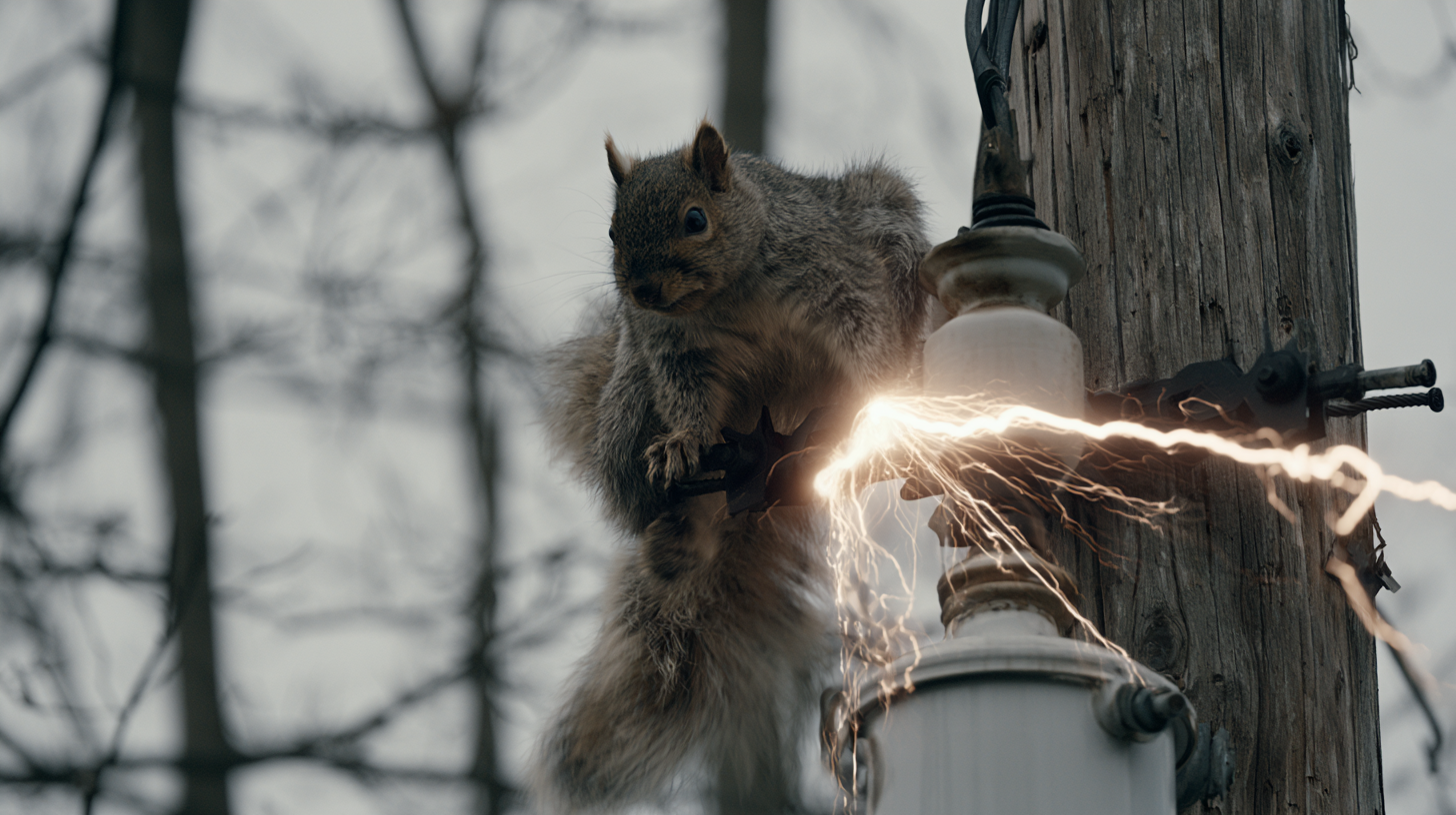 Squirrel on utility pole transformer causing electrical arc and power outage