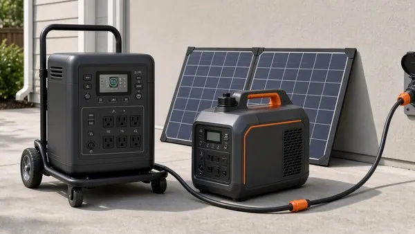 A portable lithium power station and a small inverter generator set up together in a garage