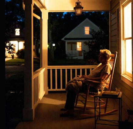 Retired woman sitting peacefully on a glowing porch at night while neighbor houses are dark