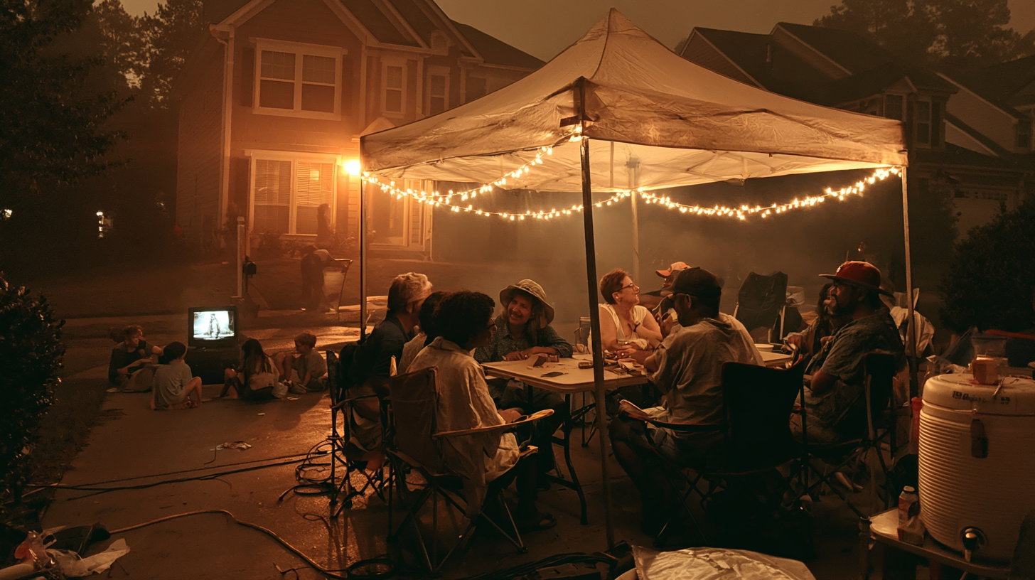 Neighbors gathered under a canopy tent with string lights during a power outage