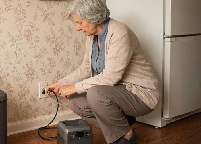 A silver-haired woman crouching beside her refrigerator, plugging a small power station into the wall
