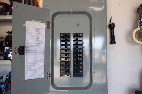 An open residential breaker panel with the door swung wide