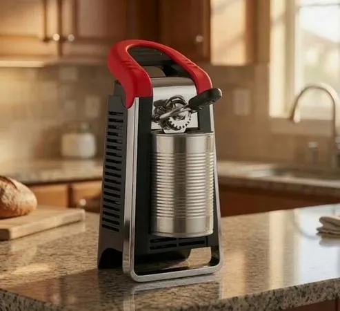 Electric can opener on a kitchen counter opening a tin can