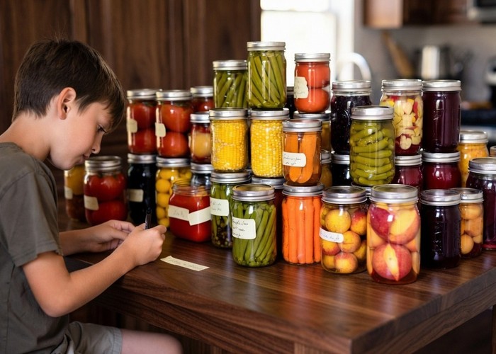 A boy at a wooden table writing a label beside dozens of Mason jars filled with preserved fruit and vegetables