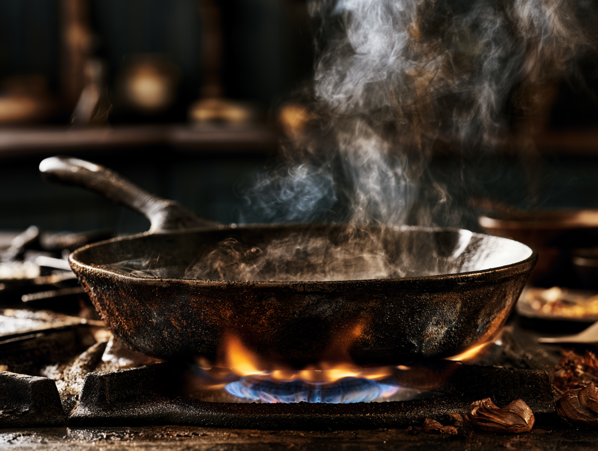Seasoned cast iron skillet on a gas burner with blue flame and steam rising