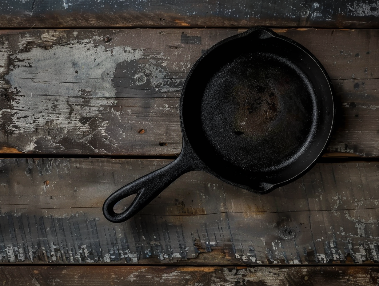 Seasoned cast iron skillet on a rustic wooden surface