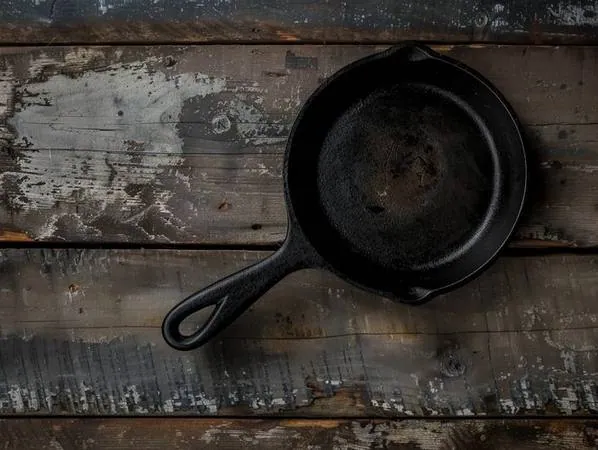 Seasoned cast iron skillet on a rustic wooden surface