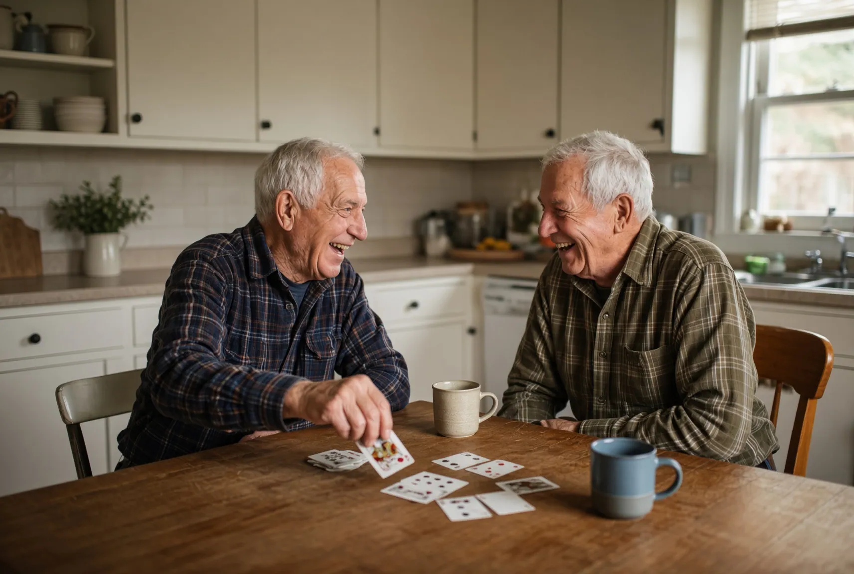 Two older men laughing over a hand of cards at a kitchen table with coffee mugs beside them