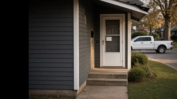 The front door of an ordinary American house at the end of the day, a small blank white card wedged into the storm door at handle height, shingles torn loose at the roof edge above, and an unmarked white pickup truck parked at the kerb beyond the lawn