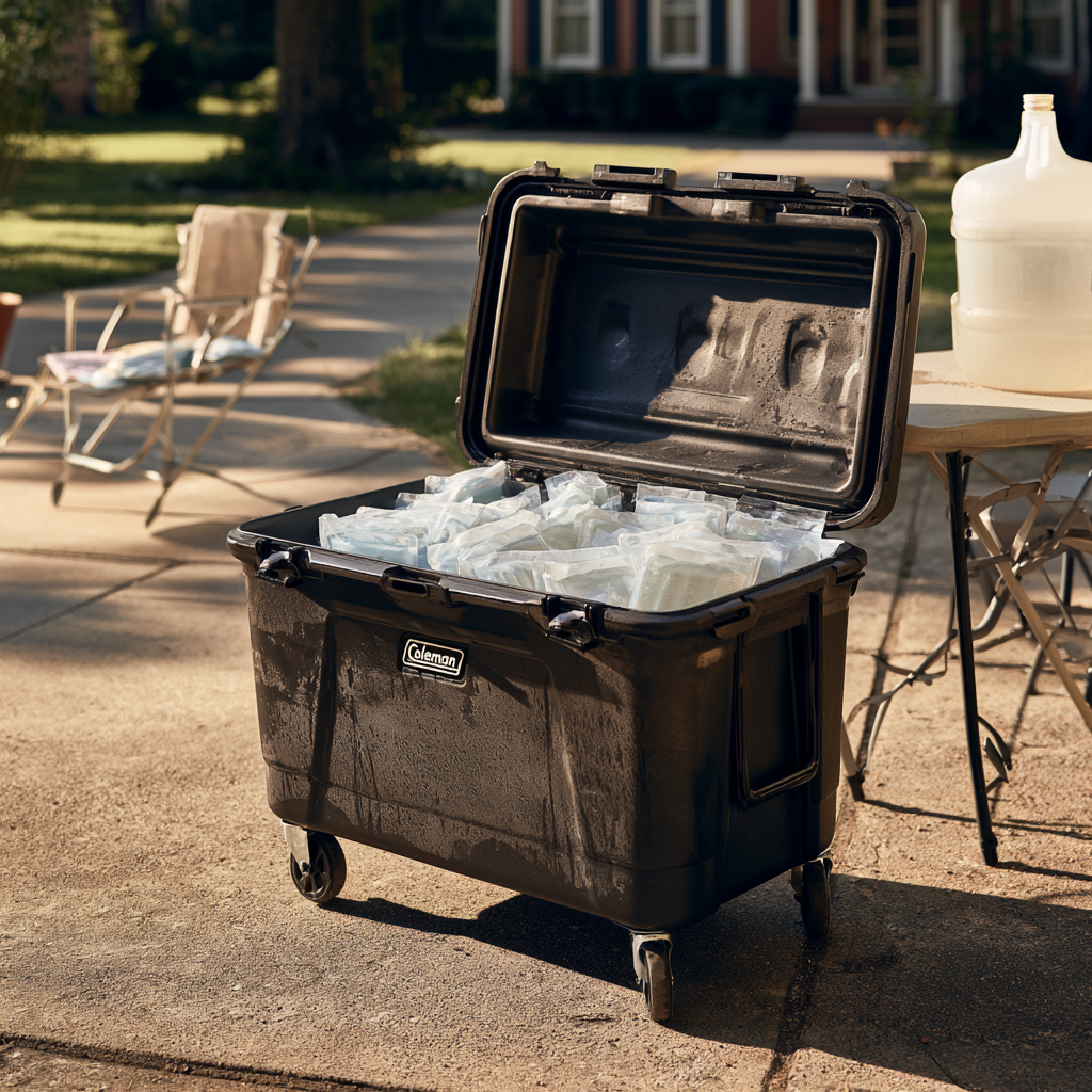 Large wheeled Coleman cooler open and filled with ice bricks on a suburban driveway