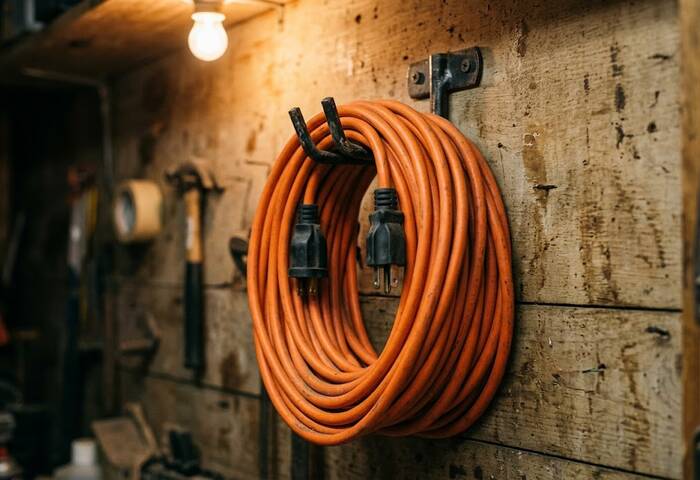 A heavy orange 12-gauge extension cord coiled on a wall hook in a warm garage