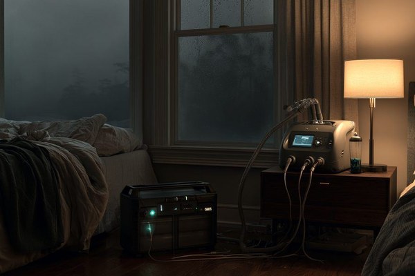 A CPAP machine running from a battery station on a nightstand