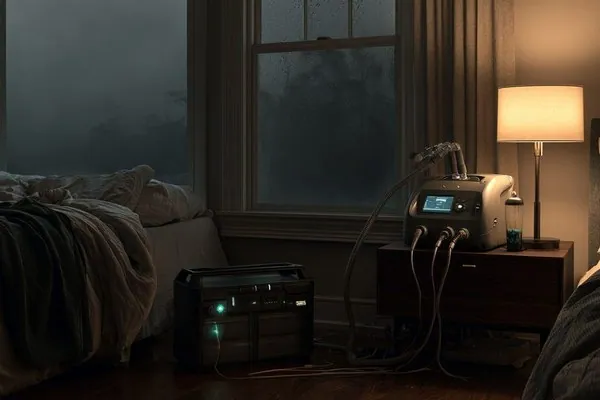 A CPAP machine running from a battery station on a nightstand