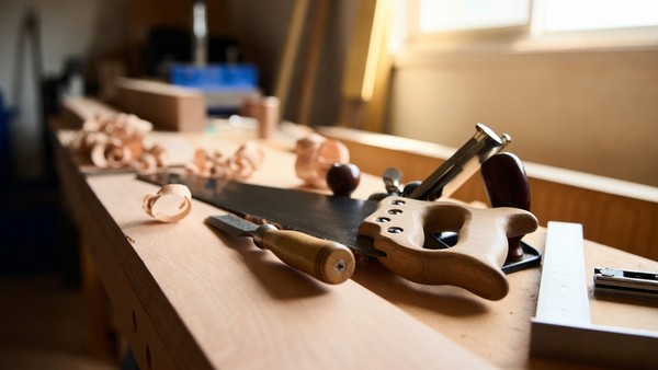 A hand saw, chisel and plane on a workbench with wood shavings