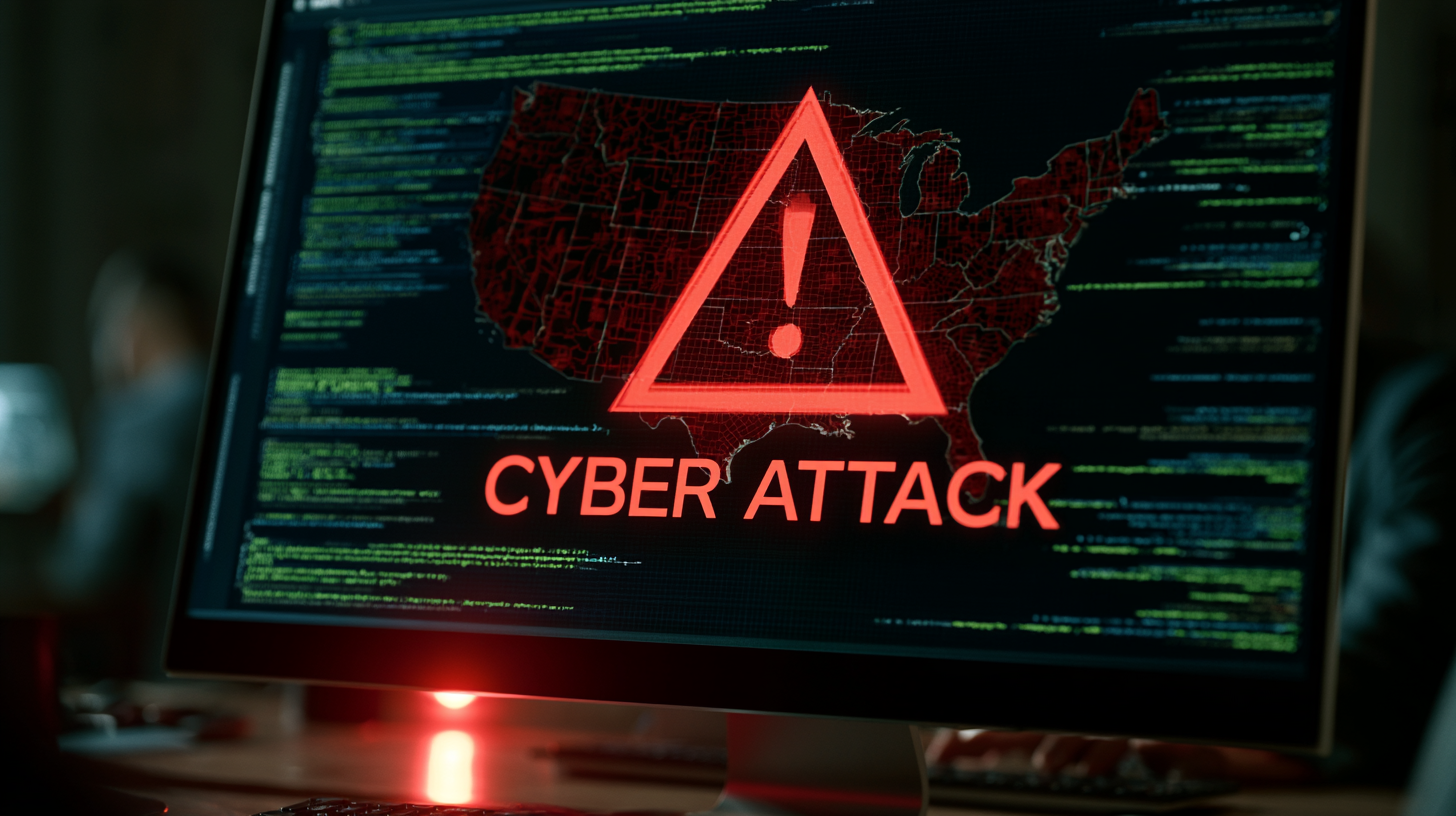 Computer screen showing cyber attack alert on US power grid map