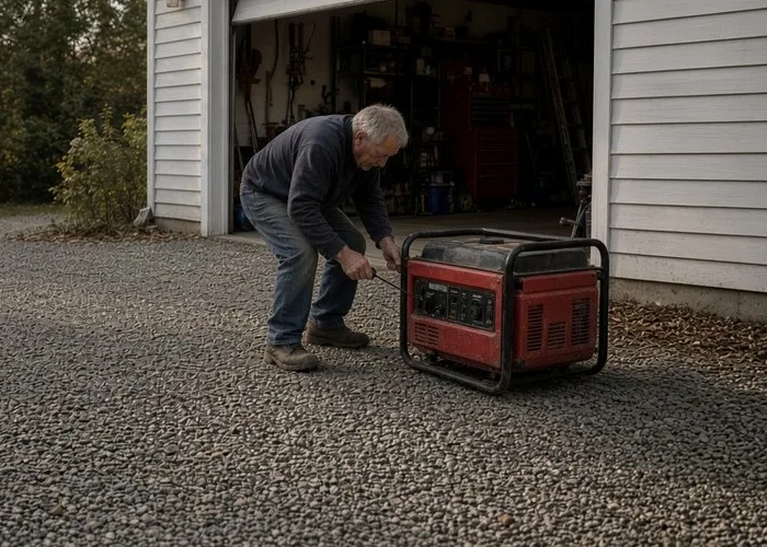 An older man pulling the starter cord on a red portable generator in front of an open garage