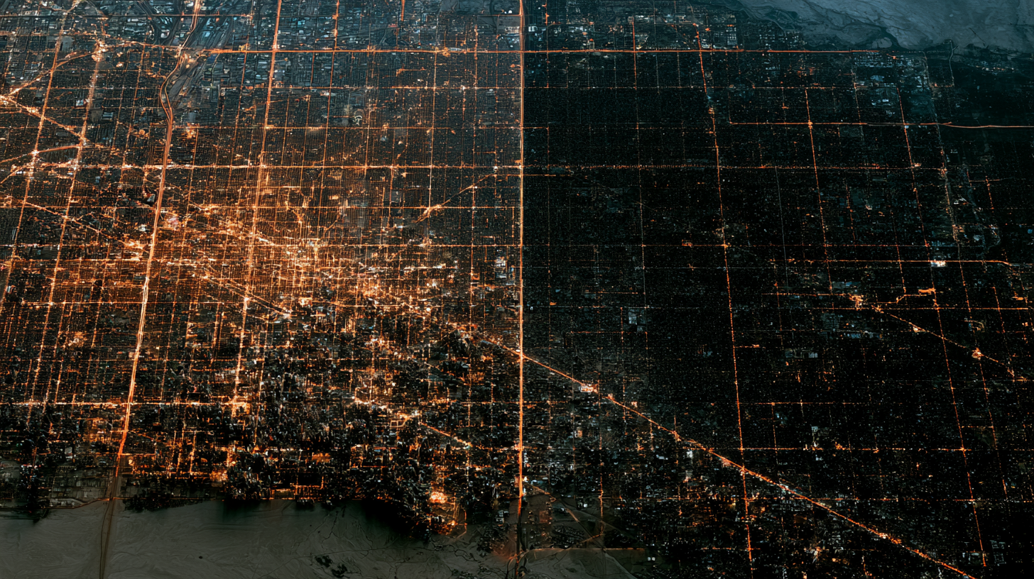 Aerial satellite view of city with half lit and half in complete darkness during rolling blackout