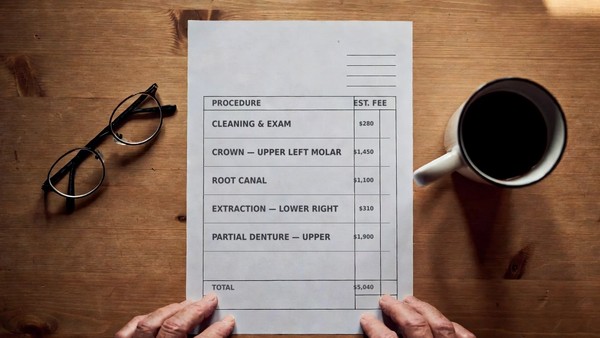 A dental treatment plan on a kitchen table with a pen, reading glasses and a mug of coffee