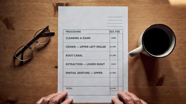 A dental treatment plan on a kitchen table with a pen, reading glasses and a mug of coffee