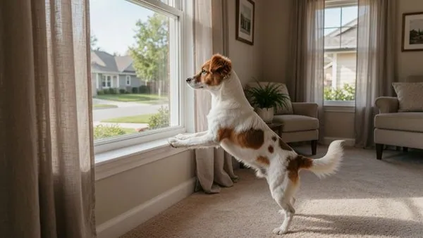 A small brown and white dog with its paws on a windowsill watching a suburban street