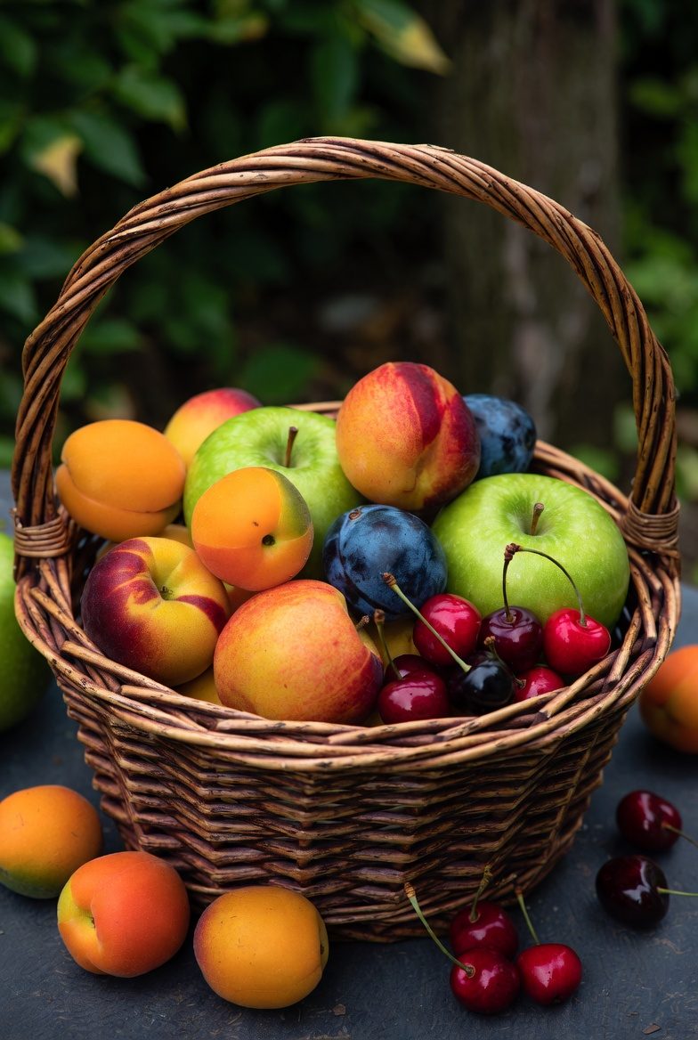 Basket of fresh-picked apricots, apples, peaches, plums, and cherries from a home orchard