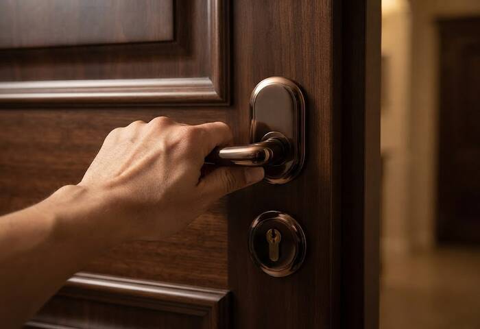 A hand pressing down a lever door handle on a dark wood interior door