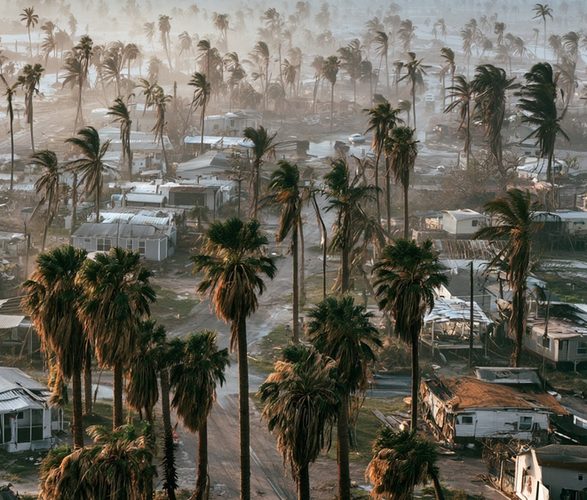 Aerial view of Florida Gulf Coast neighborhood with palm trees after a hurricane