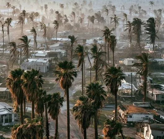 Aerial view of Florida Gulf Coast neighborhood with palm trees after a hurricane