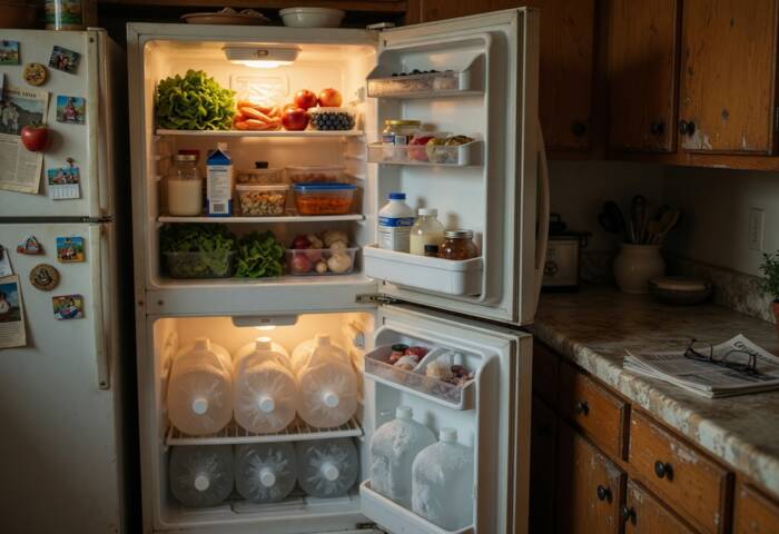 An open refrigerator and freezer stocked with fresh food, the freezer filled with frozen water jugs