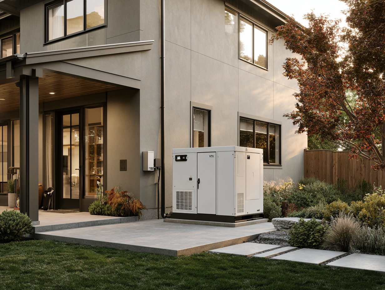 Whole-home standby generator installed beside a house on a concrete pad