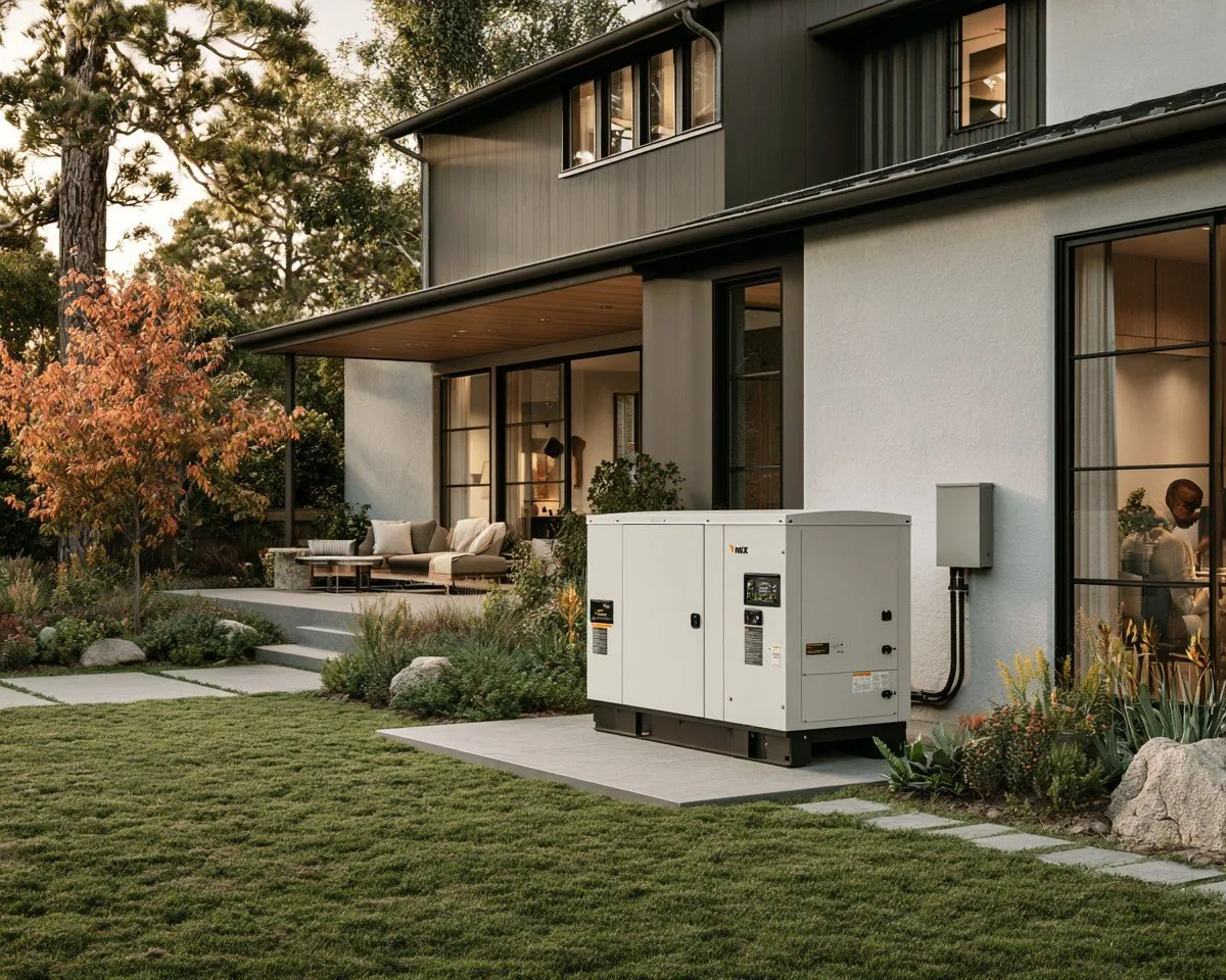 Whole-home standby generator installed beside a house on a concrete pad