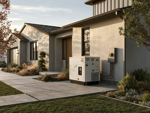 Generac whole house standby generator on a concrete pad beside a Florida home at night, warm light glowing from windows while neighbors' houses sit dark