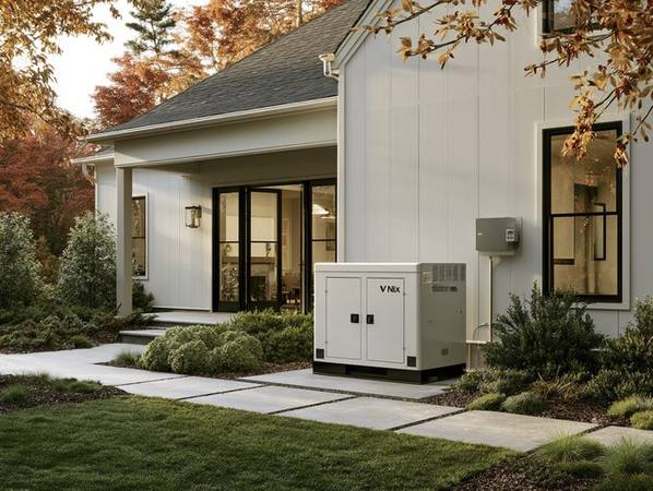Whole-home standby generator beside a house at dusk