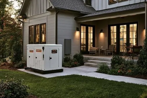 A whole-home standby generator on a concrete pad beside a house