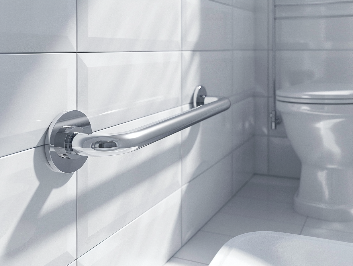 Polished stainless steel grab bar bolted securely to white bathroom tile beside toilet